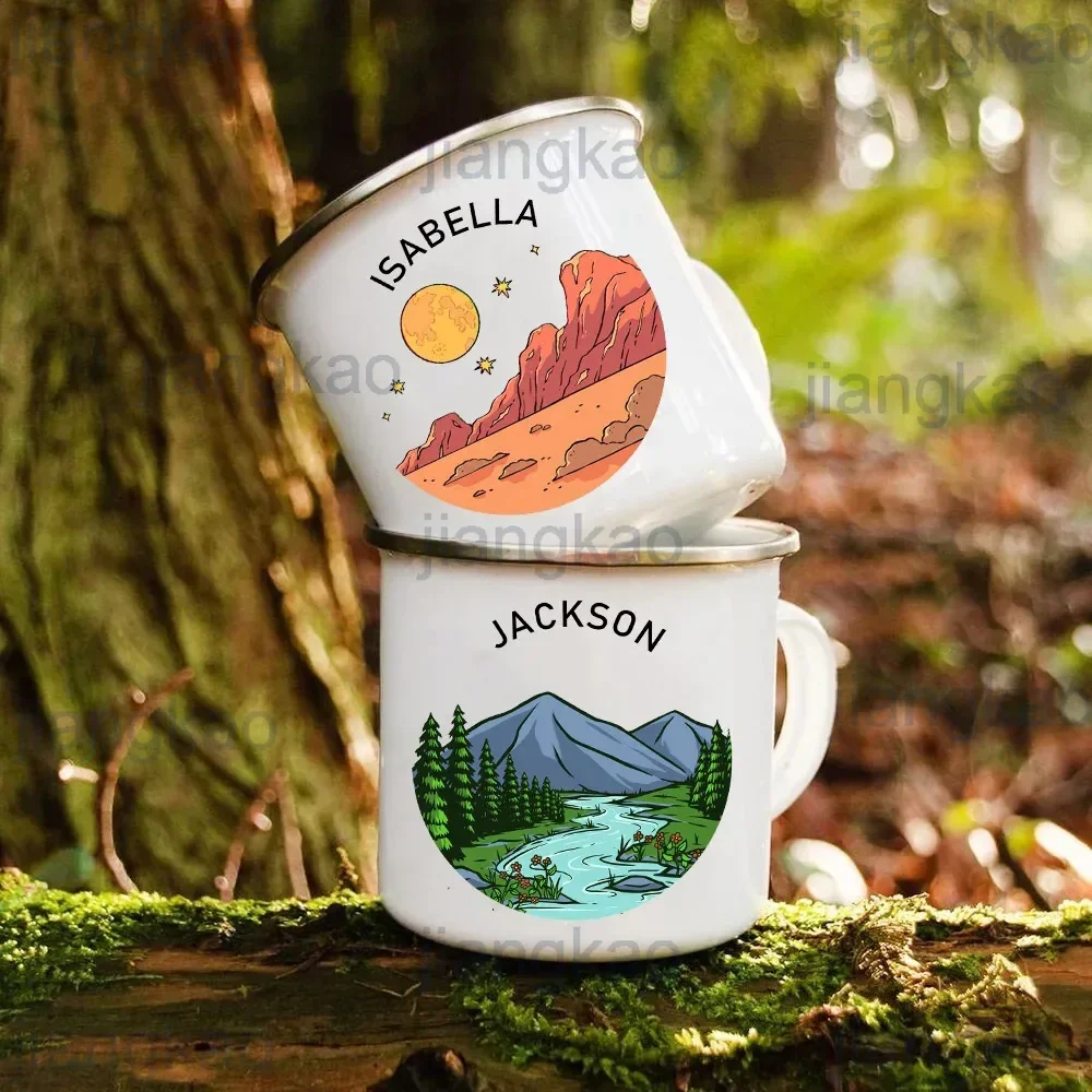 Outdoor Adventure Names - Personalisierte Camper-Tassen mit individuellem Namen, Camping-Emaille-Tasse,
